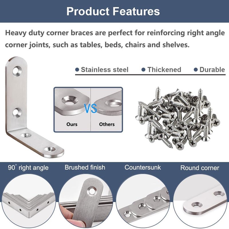 YEWLACA 6 Pcs L Bracket Corner Brace Stainless Steel 65x65mm 90 Degree Small Shelf Brackets for Wood, Shelves, Heavy Duty Support Joint Right Angle Braces with Screws - Image 3